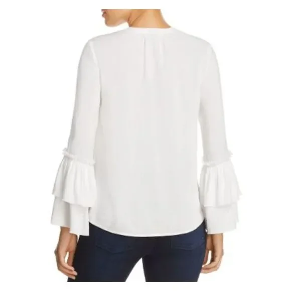 DESIGN HISTORY Womens Ivory Ruffled Curved Hem Bell Sleeve Split Blouse L - Picture 2 of 2